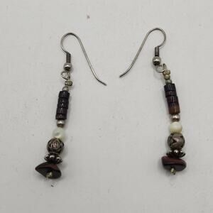 Boho Brown Agate Bead Dangle Earrings Silver Tone Tribal Stick Drop 2 in Long